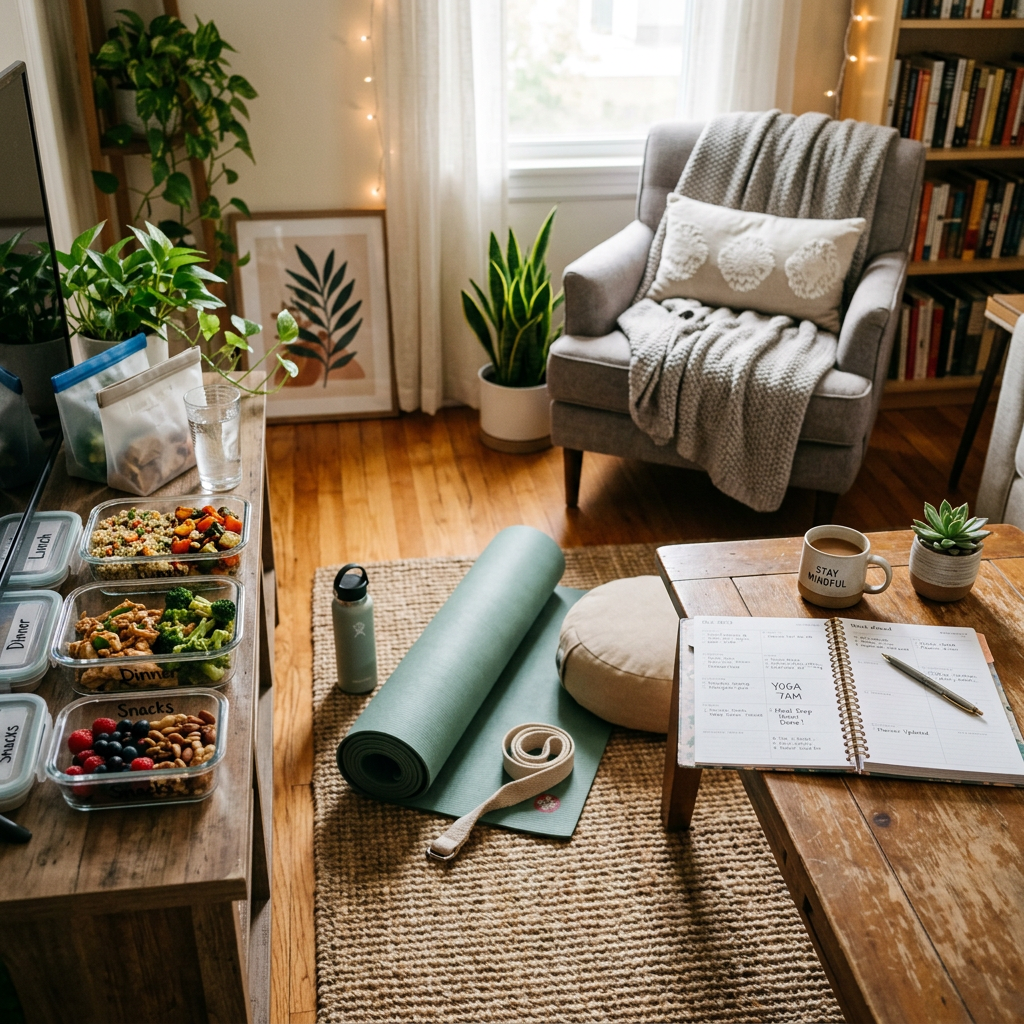 Living room with yoga mat, meal prep containers labeled lunch dinner snacks, planner, coffee cup, and cozy chair with blanket.