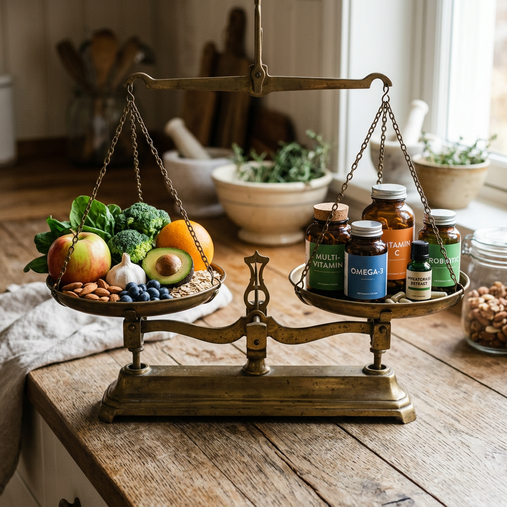 A vintage balance scale with fresh fruits, vegetables, and nuts on one side and vitamin supplement bottles on the other