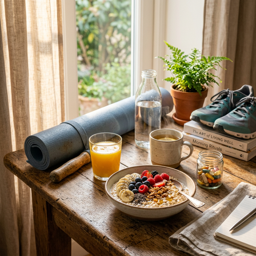 Bowl of oatmeal with fruits, glass of orange juice, coffee cup, water bottle, vitamins jar, yoga mat, running shoes, and books on a wooden table