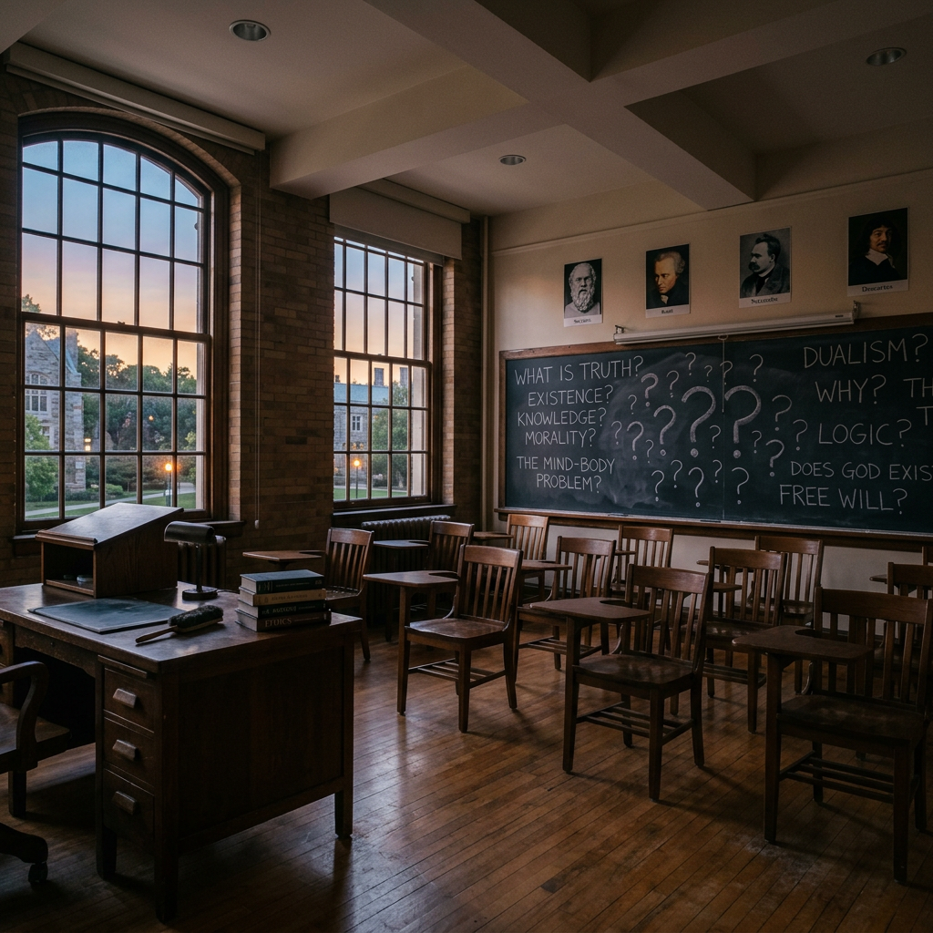 Empty classroom with wooden desks, blackboard with philosophical questions, and philosopher portraits