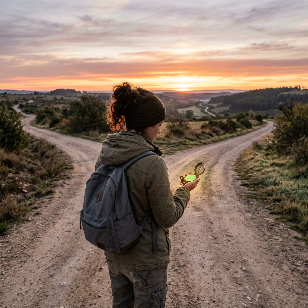 Person holding a compass standing at a fork in a dirt road at sunrise